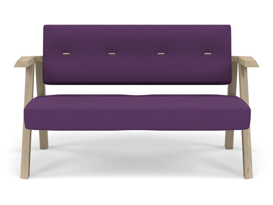 Classic Mid-century Design 2 Seater Sofa Armchair with Buttons in Deep Purple Fabric-Natural Oak-Distinct Designs (London) Ltd