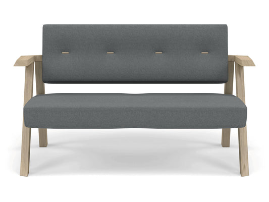 Classic Mid-century Design 2 Seater Sofa Armchair with Buttons in Sea Spray Blue Fabric-Natural Oak-Distinct Designs (London) Ltd