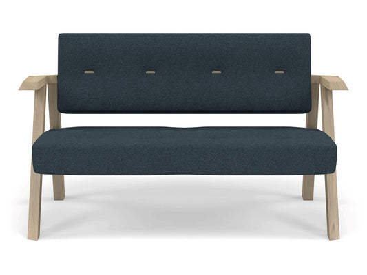 Classic Mid-century Design 2 Seater Sofa Armchair with Buttons in Denim Blue Fabric-Natural Oak-Distinct Designs (London) Ltd