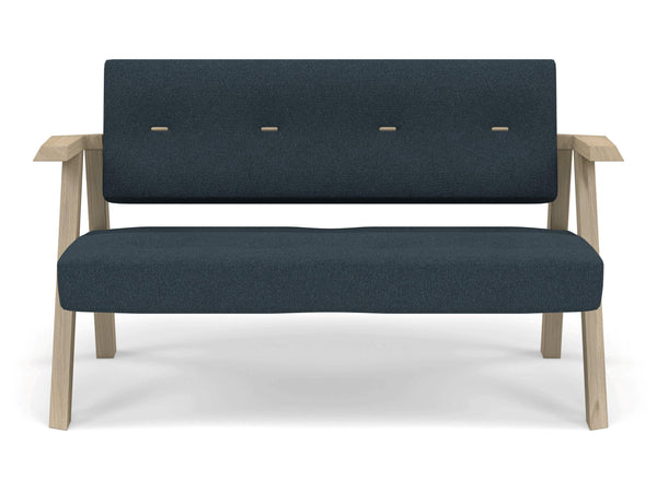 Classic Mid-century Design 2 Seater Sofa Armchair with Buttons in Denim Blue Fabric-Natural Oak-Distinct Designs (London) Ltd