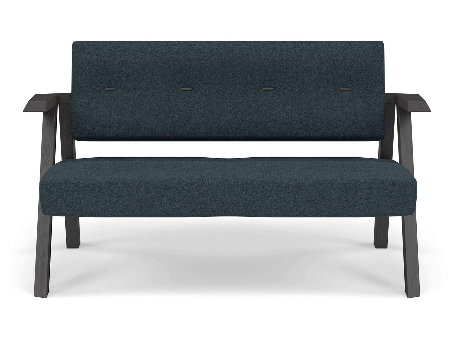 Classic Mid-century Design 2 Seater Sofa Armchair with Buttons in Denim Blue Fabric-Wenge Oak-Distinct Designs (London) Ltd