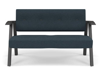 Classic Mid-century Design 2 Seater Sofa Armchair with Buttons in Denim Blue Fabric-Wenge Oak-Distinct Designs (London) Ltd