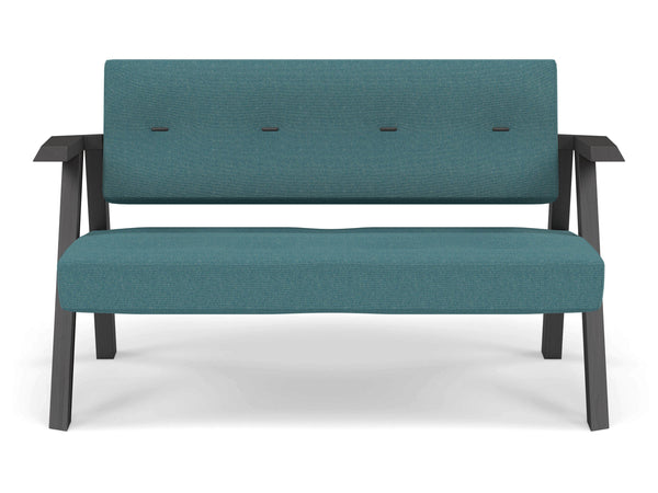 Classic Mid-century Design 2 Seater Sofa Armchair with Buttons in Teal Blue Fabric-Wenge Oak-Distinct Designs (London) Ltd
