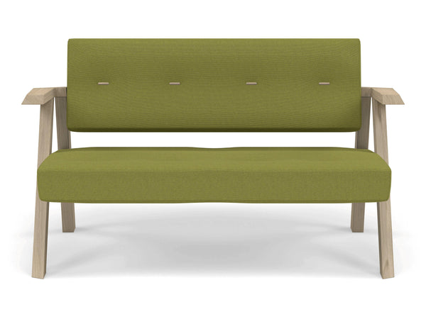 Classic Mid-century Design 2 Seater Sofa Armchair with Buttons in Lime Green Fabric-Natural Oak-Distinct Designs (London) Ltd