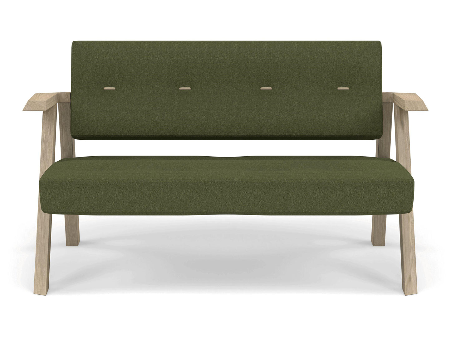 Classic Mid-century Design 2 Seater Sofa Armchair with Buttons in Seaweed Green Fabric-Natural Oak-Distinct Designs (London) Ltd
