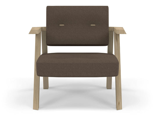 Classic Mid-century Design Armchair with Buttons in Coffee Brown Fabric-Natural Oak-Distinct Designs (London) Ltd