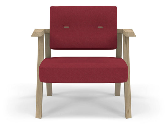 Classic Mid-century Design Armchair with Buttons in Rasberry Red Fabric-Natural Oak-Distinct Designs (London) Ltd