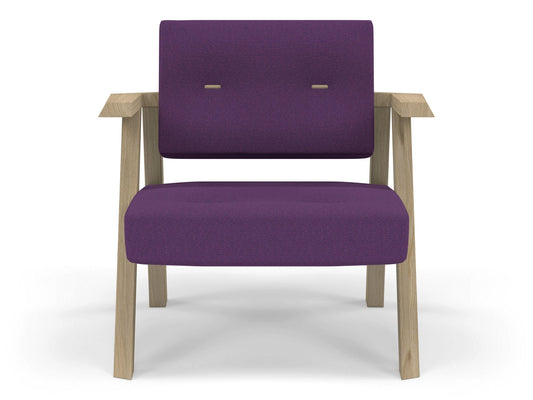 Classic Mid-century Design Armchair with Buttons in Deep Purple Fabric-Natural Oak-Distinct Designs (London) Ltd
