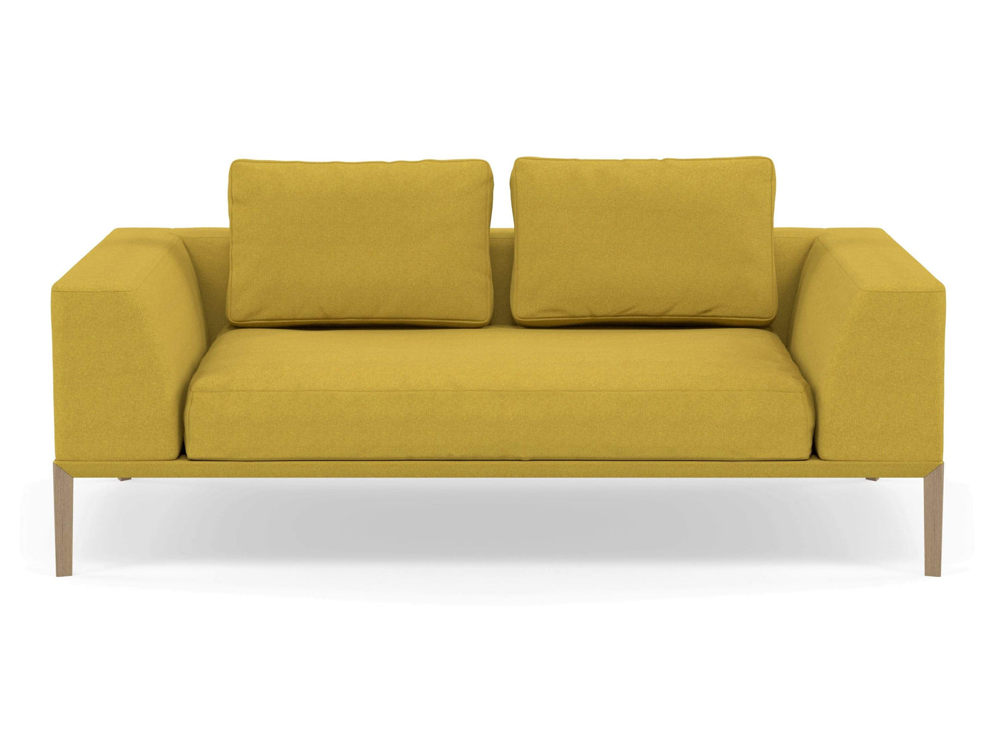 Modern 2 Seater Sofa with 2 Armrests in Vibrant Mustard Yellow Fabric-Natural Oak-Distinct Designs (London) Ltd