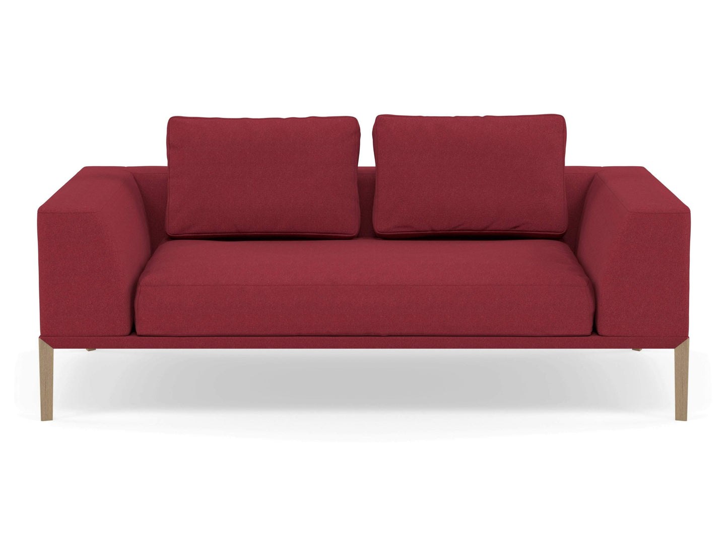 Modern 2 Seater Sofa with 2 Armrests in Rasberry Red Fabric-Natural Oak-Distinct Designs (London) Ltd