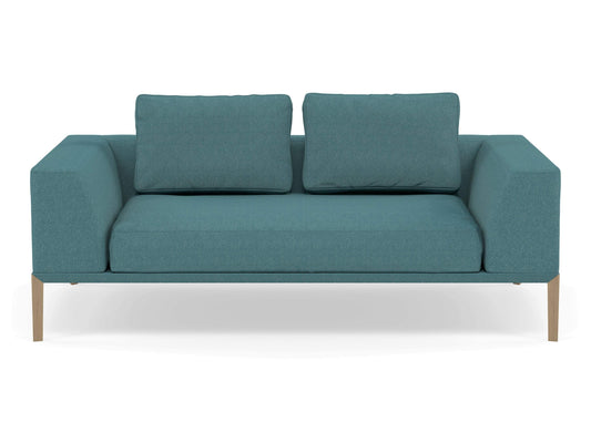 Modern 2 Seater Sofa with 2 Armrests in Teal Blue Fabric-Natural Oak-Distinct Designs (London) Ltd