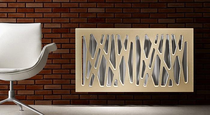 Stylish Modern Custom Made Radiator Heater Cover in Gold Finish with Unusual GEO Design Pattern-Distinct Designs (London) Ltd