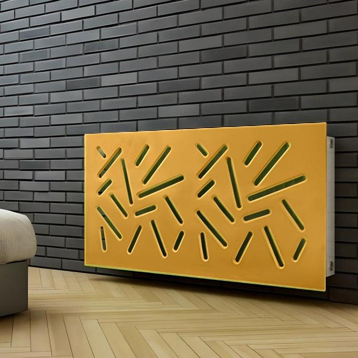 Modern Clip on Radiator Heater Cover with Trendy STICKS Design in SATIN MATT Finish-Tuscany Yellow-70x70cm-Distinct Designs (London) Ltd