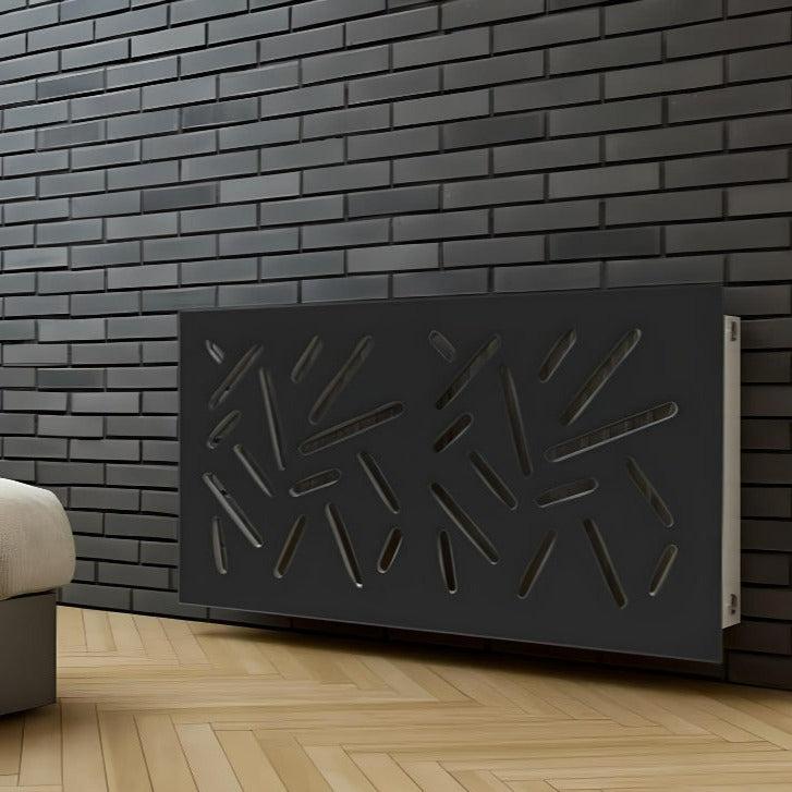 Modern Clip on Radiator Heater Cover with Trendy STICKS Design in SATIN MATT Finish-Black-70x70cm-Distinct Designs (London) Ltd