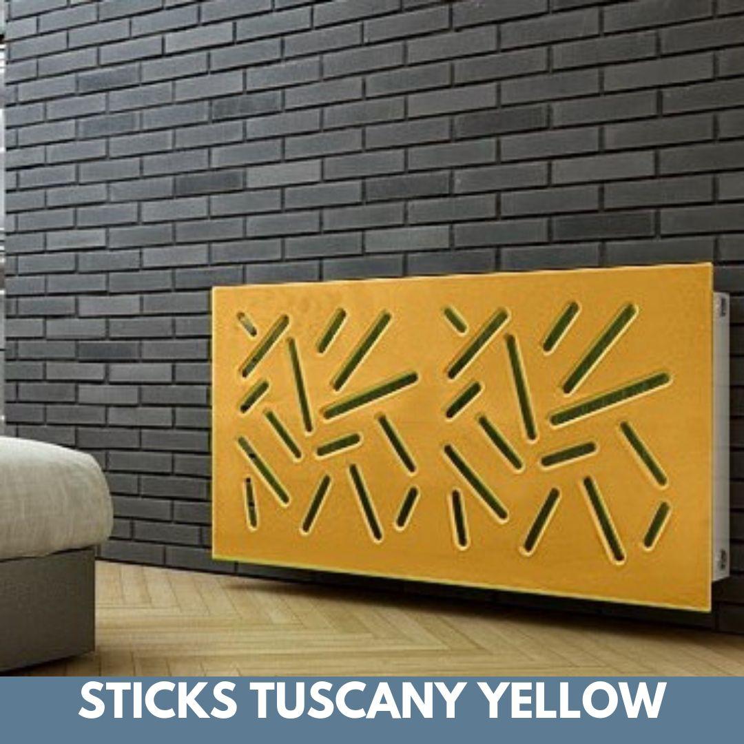Modern Removable Radiator Cover with subtle STICKS Design in SATIN MATT Finish & Colours-Tuscany Yellow-70x70cm-Distinct Designs (London) Ltd