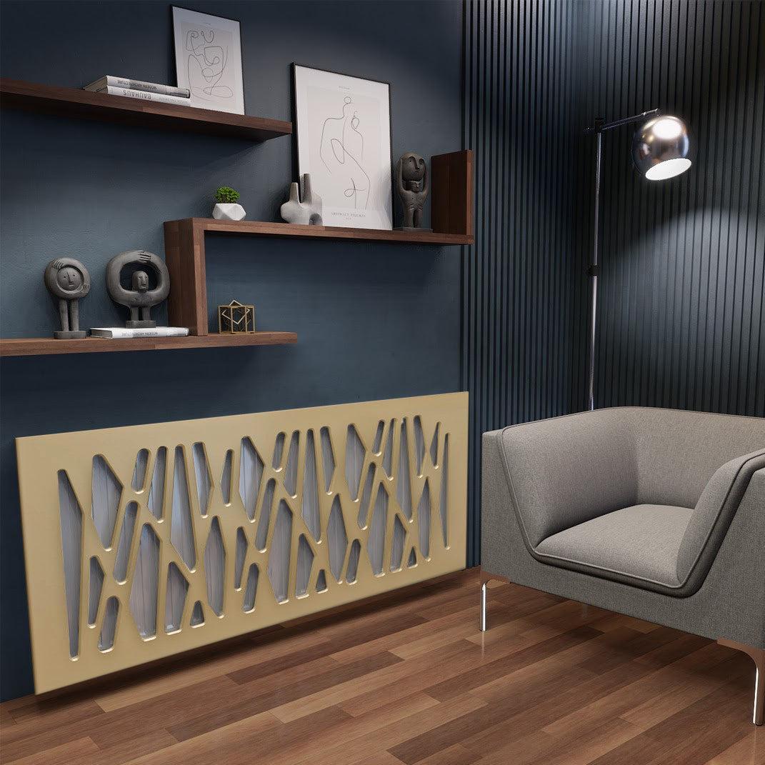 Stylish Modern Custom Made Radiator Heater Cover in Gold Finish with Unusual GEO Design Pattern-Gold-70x70cm-Distinct Designs (London) Ltd
