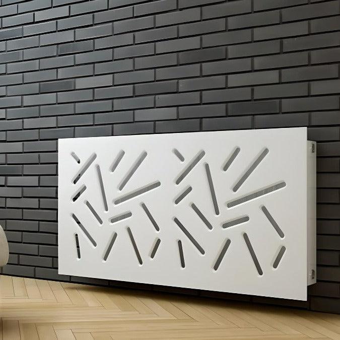 Modern Clip on Radiator Heater Cover with Trendy STICKS Design in SATIN MATT Finish-White-70x70cm-Distinct Designs (London) Ltd