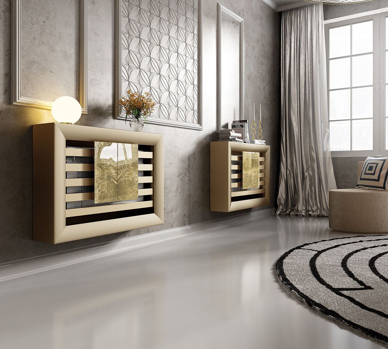 TWO Luxury Floating Radiator Heater Cover Framed Lines Panel Cabinet Box Design with integrated top shelf RCLL121-Distinct Designs (London) Ltd