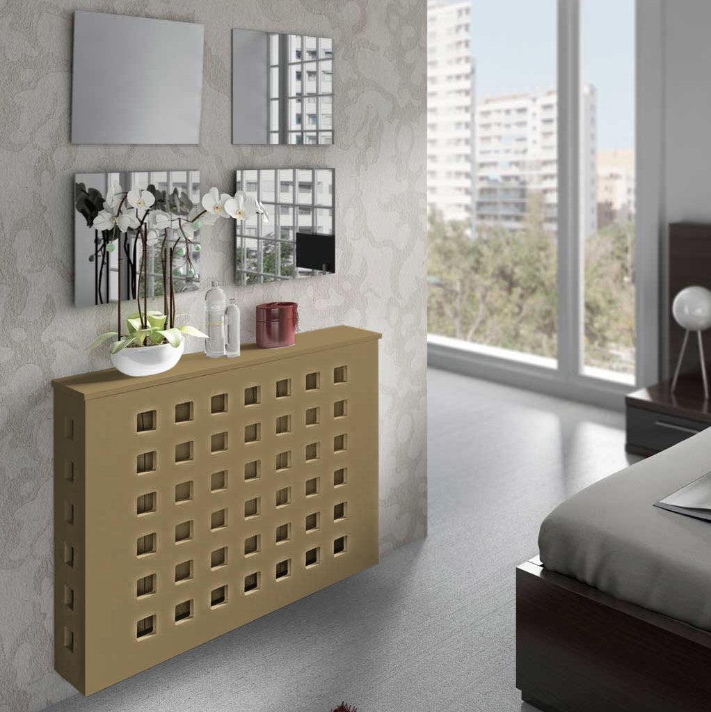 Modern Floating Radiator Heater Cover GEOMETRIC SQUARES Cabinet Design in GOLD with Shelf RCGE243GD-75cm-40cm-Distinct Designs (London) Ltd