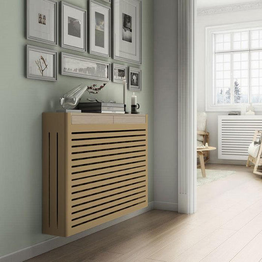 Modern Floating Radiator Heater Cover NORDIC STRIPE Metal Box design in GOLD with drawers RCNR230GD-75cm-40cm-Distinct Designs (London) Ltd