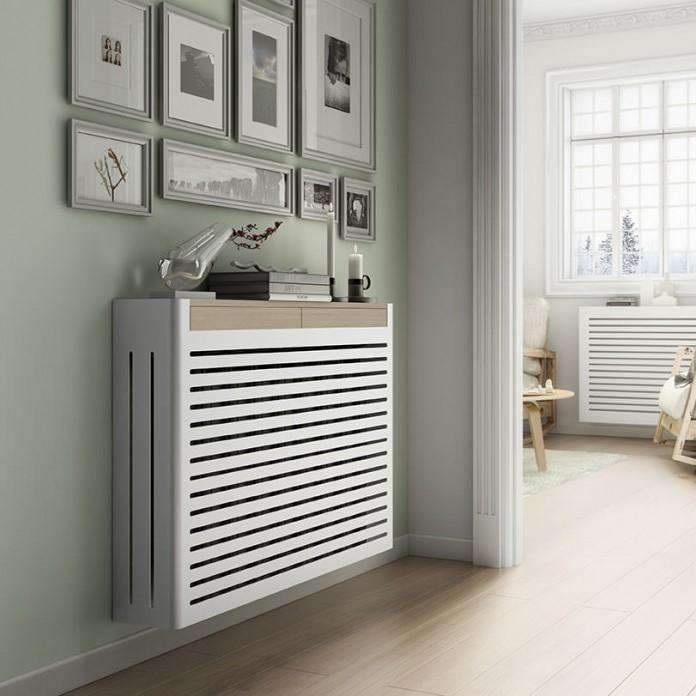 Modern Floating Radiator Heater Cover NORDIC STRIPE Metal Box design with wooden drawers Ref RCNR230-Distinct Designs (London) Ltd