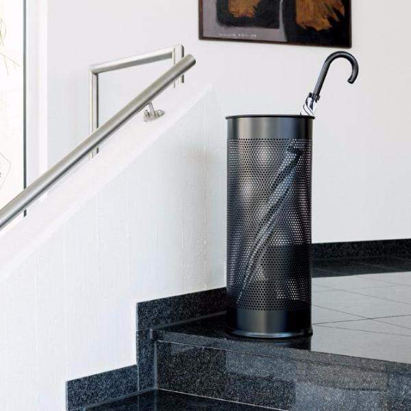 Round Metal Umbrella Walking Stick Stand Holder with large perforated sides for faster drying-Black-Distinct Designs (London) Ltd