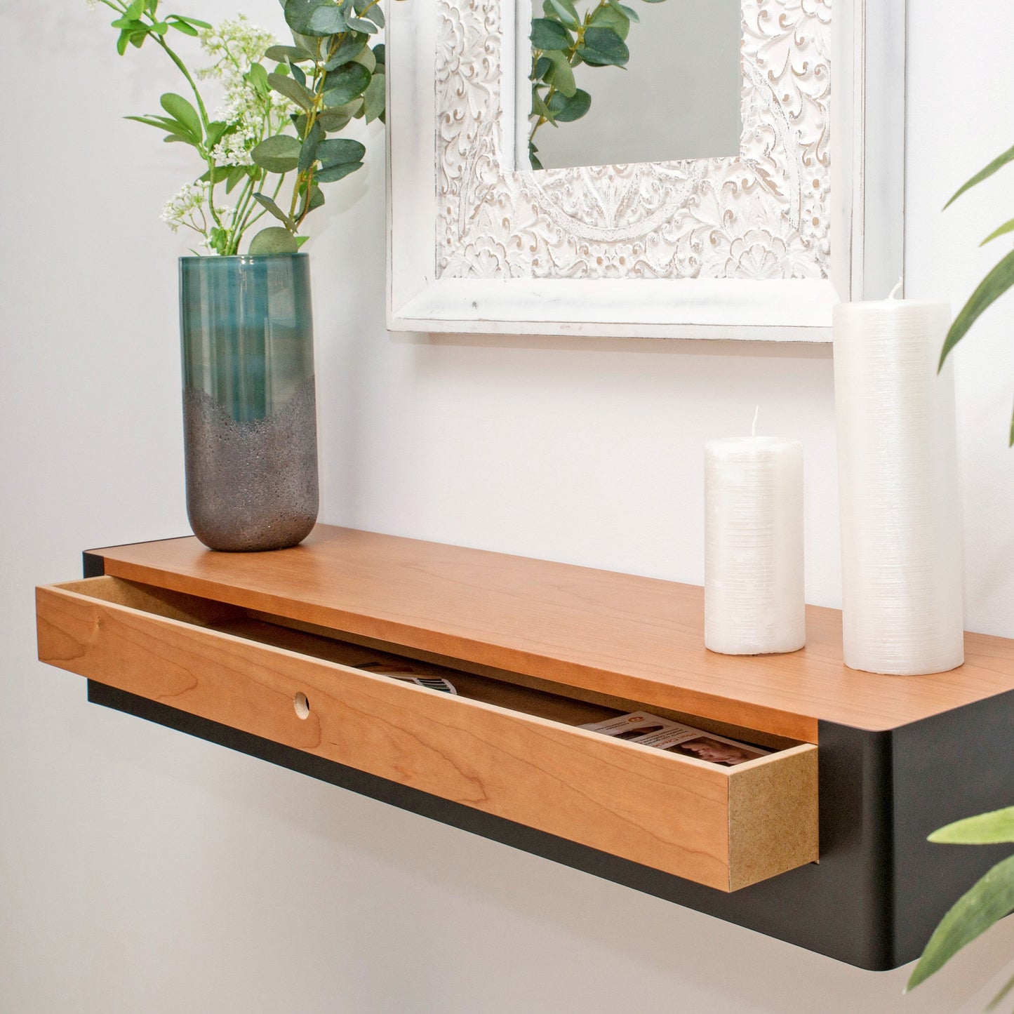 Wall Mounted 60cm Metal Console Table with wooden top & drawers for Entry Hall or Dressing Room Desk-RAL / WOOD DRAWER-Distinct Designs (London) Ltd