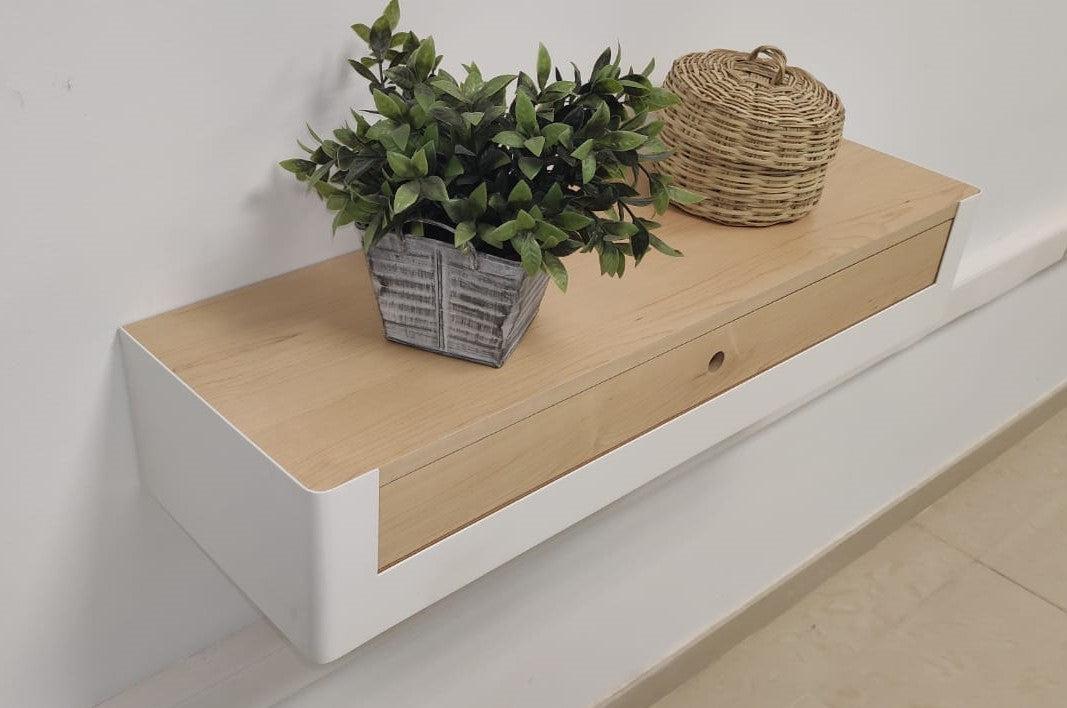 Wall Mounted 60cm Metal Console Table with wooden top & drawers for Entry Hall or Dressing Room Desk-White / Oak Drawer-Distinct Designs (London) Ltd