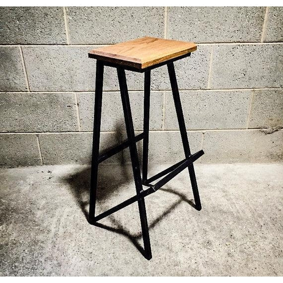Handmade Reclaimed Wooden Stool with Powder Coated Round Bar Angled out Steel Legs-Distinct Designs (London) Ltd