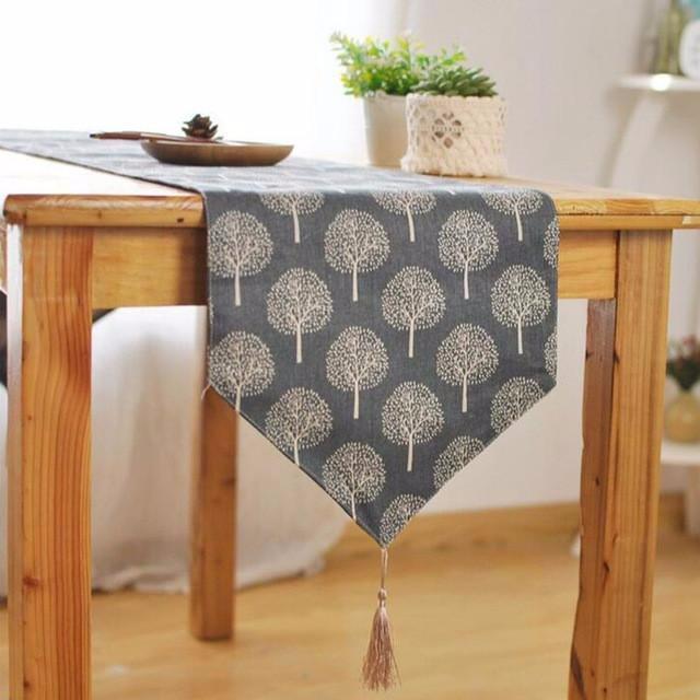 Modern Linen Cotton Cloth Table Runner Tree Printed Decorative design & V shaped finish Tassel-M - 30x180cm-Grey-Distinct Designs (London) Ltd