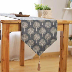 Modern Linen Cotton Cloth Table Runner Tree Printed Decorative design & V shaped finish Tassel-M - 30x180cm-Grey-Distinct Designs (London) Ltd