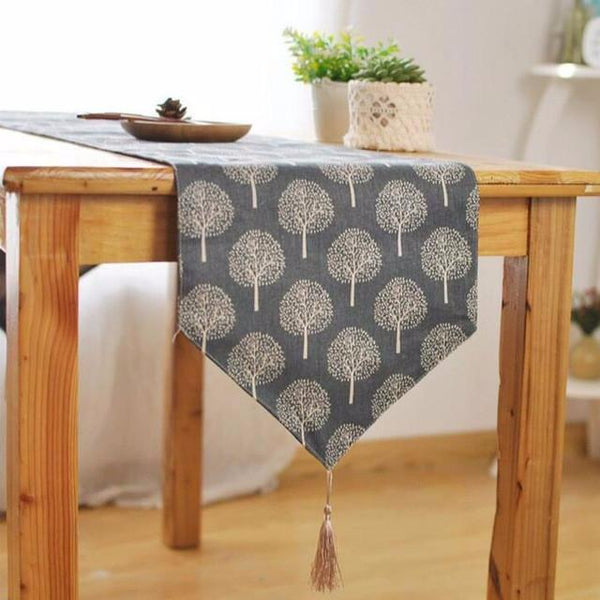 Modern Linen Cotton Cloth Table Runner Tree Printed Decorative design & V shaped finish Tassel-M - 30x180cm-Grey-Distinct Designs (London) Ltd