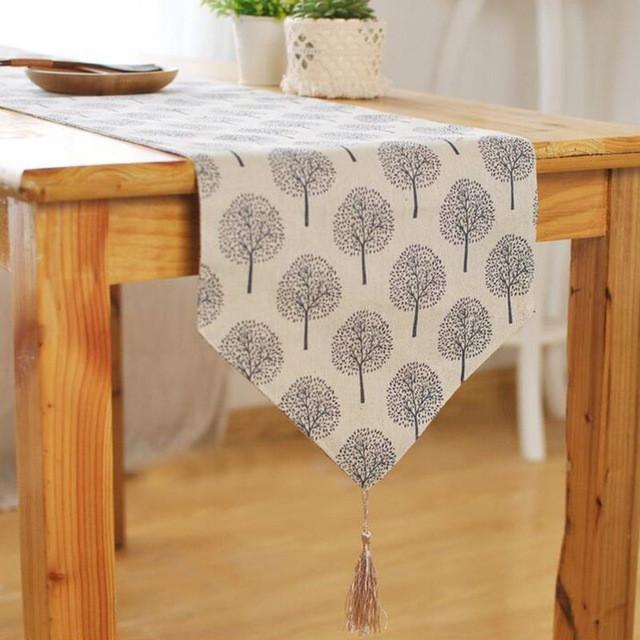 Modern Linen Cotton Cloth Table Runner Tree Printed Decorative design & V shaped finish Tassel-M - 30x180cm-Light Grey-Distinct Designs (London) Ltd