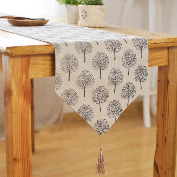 Modern Linen Cotton Cloth Table Runner Tree Printed Decorative design & V shaped finish Tassel-M - 30x180cm-Light Grey-Distinct Designs (London) Ltd