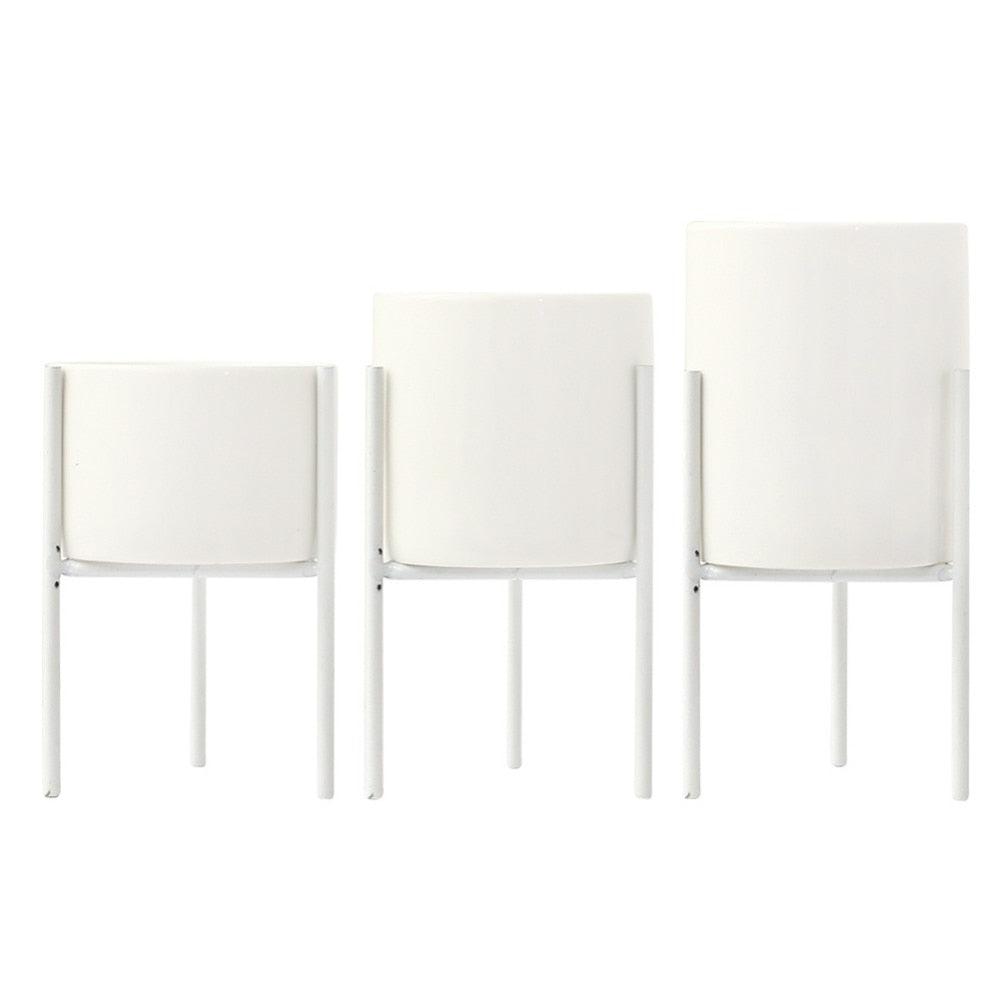 Modern Round White Ceramic Flower Planters with triangular Geometric Iron Rack Stand-Distinct Designs (London) Ltd