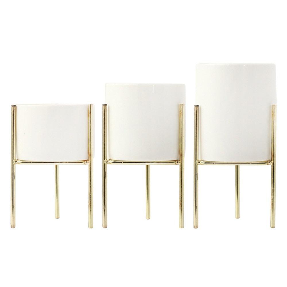 Modern Round White Ceramic Flower Planters with triangular Geometric Iron Rack Stand-Distinct Designs (London) Ltd