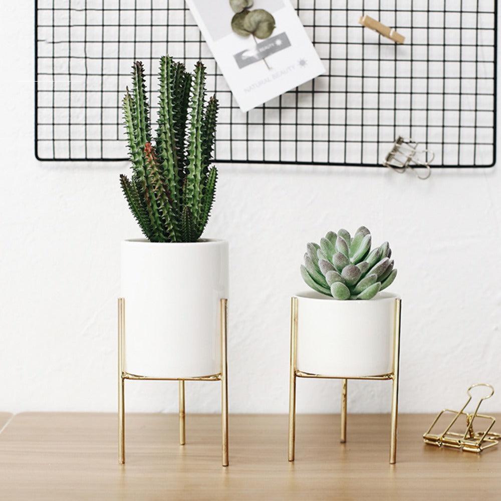 Modern Round White Ceramic Flower Planters with triangular Geometric Iron Rack Stand-Distinct Designs (London) Ltd