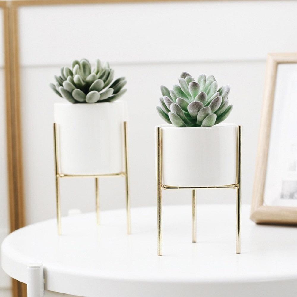 Modern Round White Ceramic Flower Planters with triangular Geometric Iron Rack Stand-Distinct Designs (London) Ltd