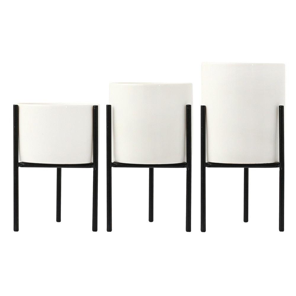 Modern Round White Ceramic Flower Planters with triangular Geometric Iron Rack Stand-Distinct Designs (London) Ltd