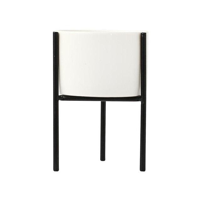 Modern Round White Ceramic Flower Planters with triangular Geometric Iron Rack Stand-Black-S-Distinct Designs (London) Ltd