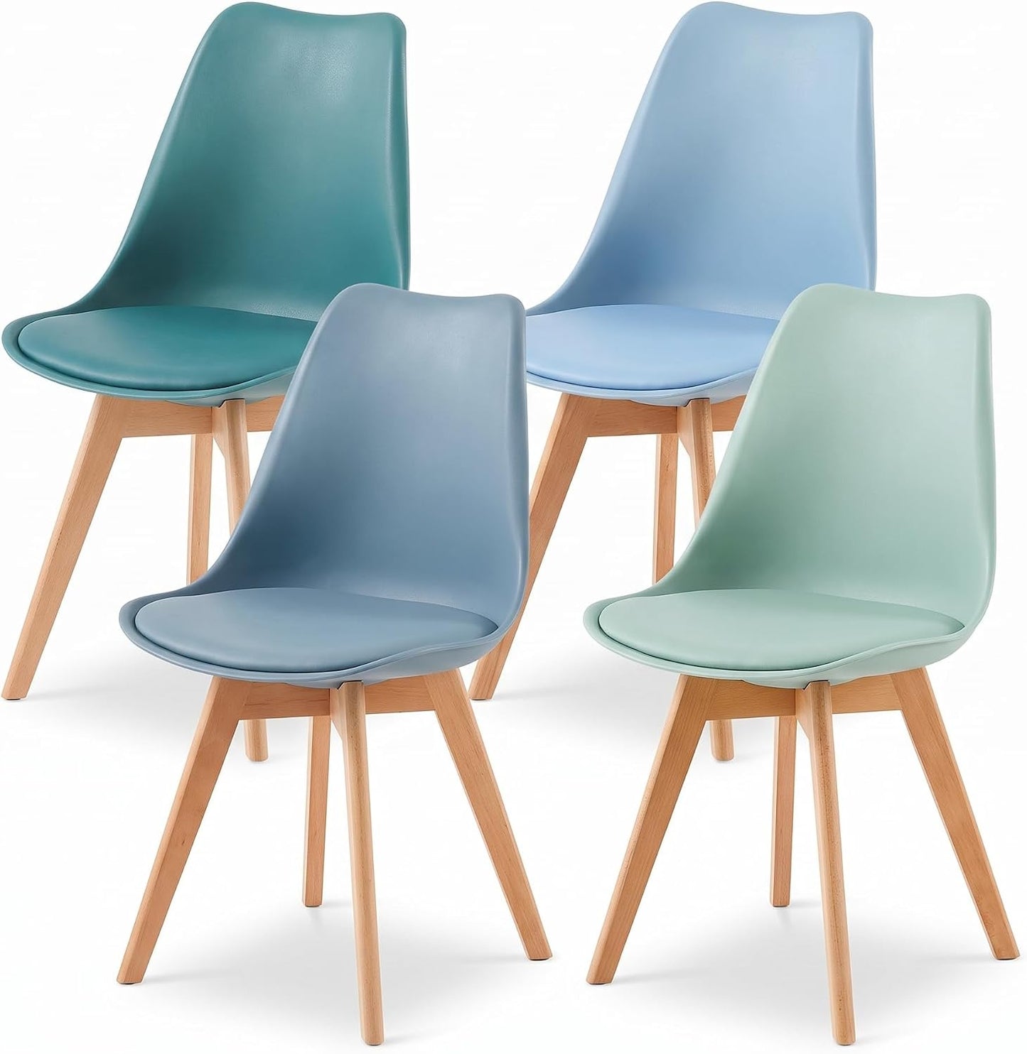 Four molded plastic dining chairs with light wood legs, shown in teal, blue, light blue, and mint green on a white background.
