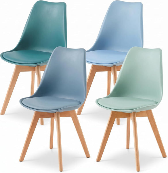 Four molded plastic dining chairs with light wood legs, shown in teal, blue, light blue, and mint green on a white background.