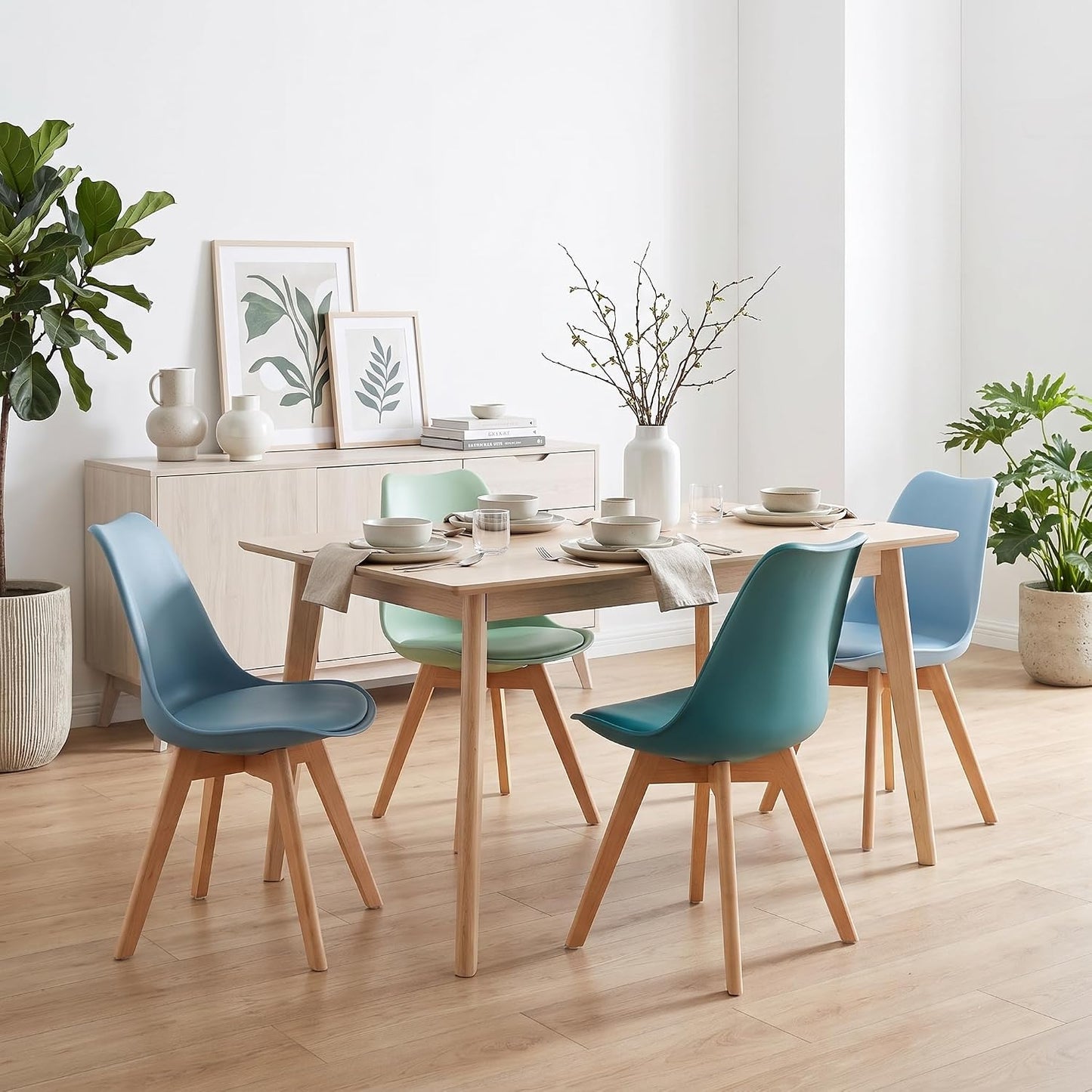 4x Retro Ergonomic Plastic Dining Chairs with Beech Wood Legs in Pastel Green, Blue, Seaspray & Aqua