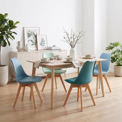 4x Retro Ergonomic Plastic Dining Chairs with Beech Wood Legs in Pastel Green, Blue, Seaspray & Aqua