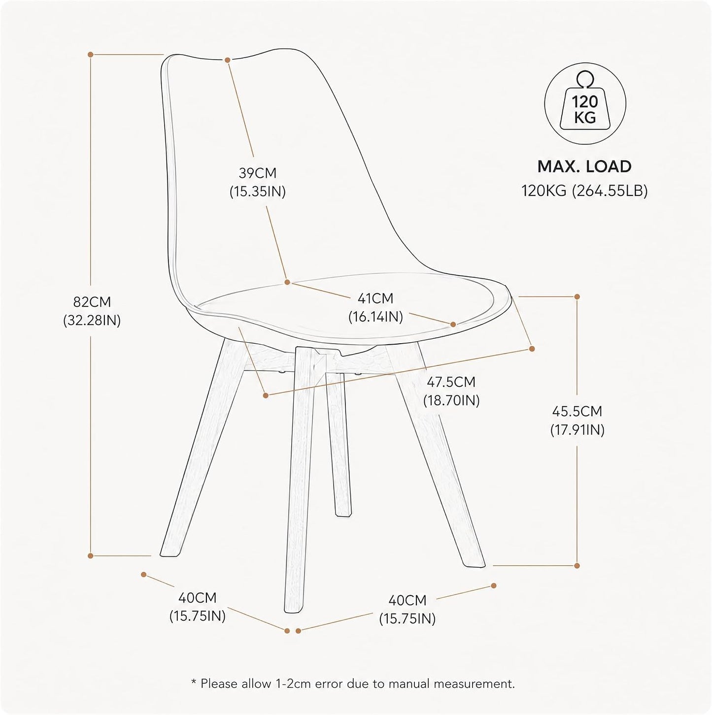 A line-drawn measurement diagram of a chair with labeled dimensions for height, width, and depth, plus a max load indicator showing 120 kg. The chair is shown in outline on a light gray background.