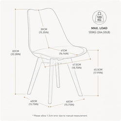 A line-drawn measurement diagram of a chair with labeled dimensions for height, width, and depth, plus a max load indicator showing 120 kg. The chair is shown in outline on a light gray background.