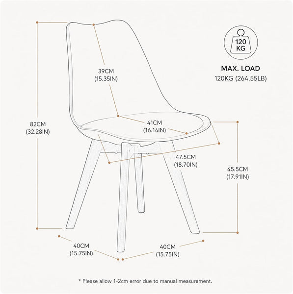 A line-drawn measurement diagram of a chair with labeled dimensions for height, width, and depth, plus a max load indicator showing 120 kg. The chair is shown in outline on a light gray background.