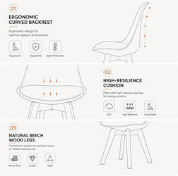 An infographic detailing the features of a modern dining chair, showing line drawings of the chair from different angles with text labels for ergonomic curved backrest, high-resilience cushion, and natural beech wood legs.