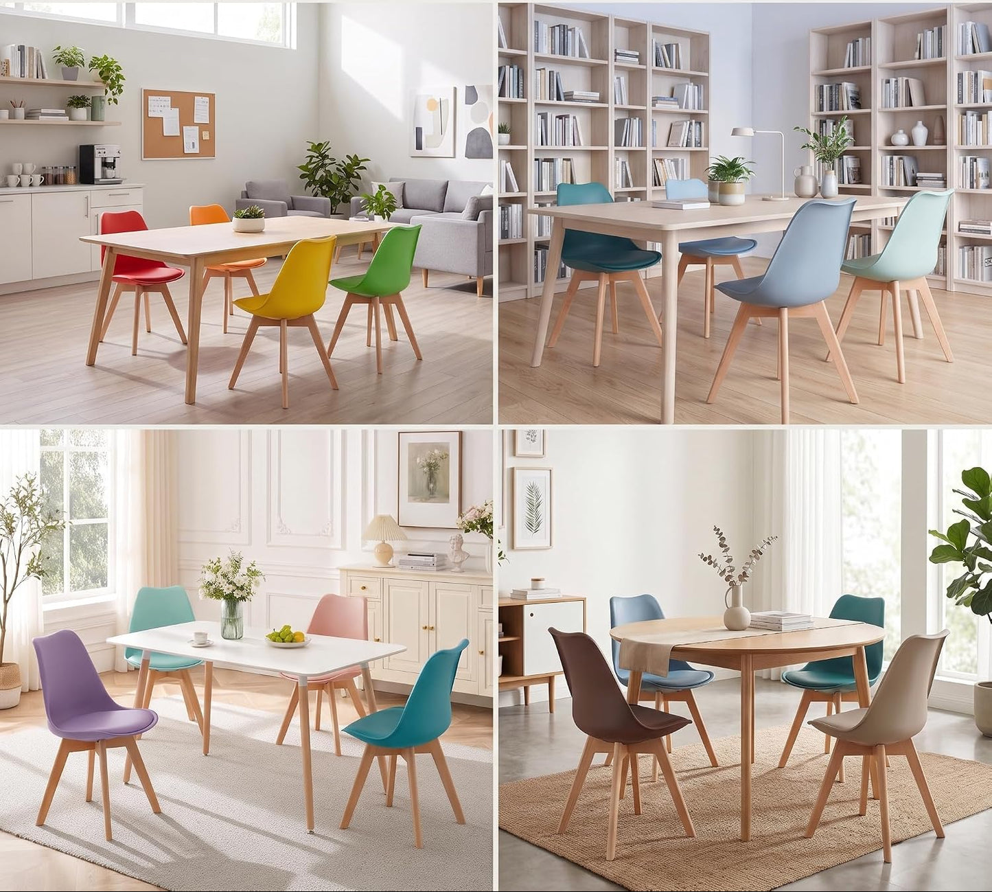 A 2x2 collage showing a light wood dining table with multiple colorful chairs in different interior settings. The top-left panel shows the table in a bright living room with red, orange, green, and yellow chairs.