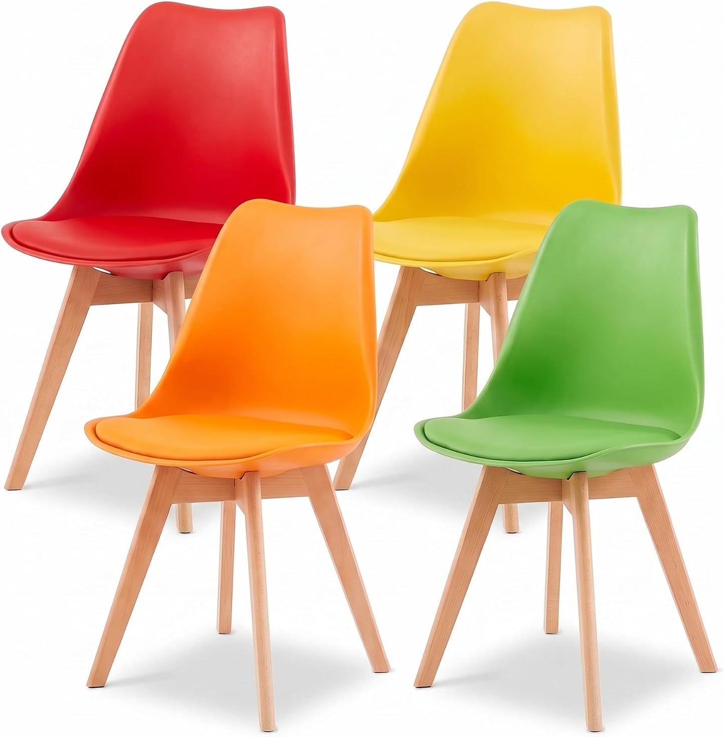 Four molded plastic side chairs with light wood legs in red, yellow, orange, and green, arranged on a white background.